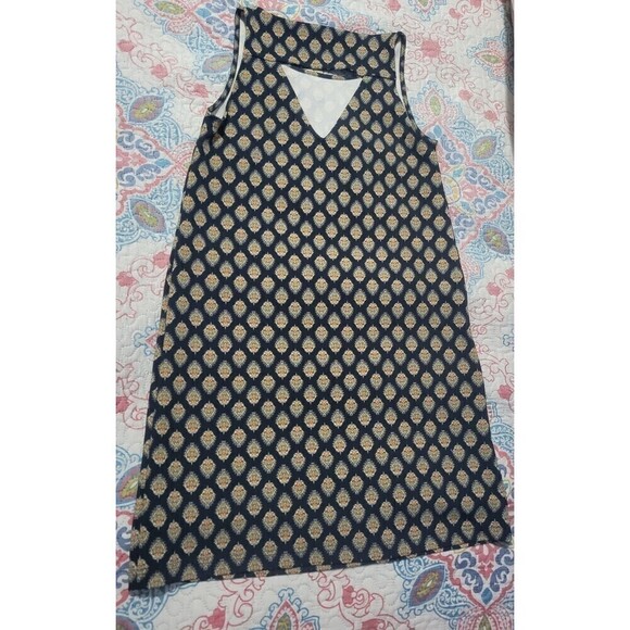 BANANA Republic Navy Printed Dress With Yellow and Green  With Nice Cutout Back, - Picture 3 of 5